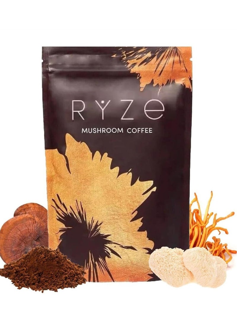 Ryze Organic Mushroom Coffee Instant Powder with 6 Adaptogenic Mushrooms (Lion's Mane, Turkey Tail, Shiitake, Reishi, Chaga, Cordyceps)  MCT Oil for Energy Boost, Mental Focus, Digestion  Immunity Support – 180g, Vegan, Gluten-Free, Non-GMO - Image 1